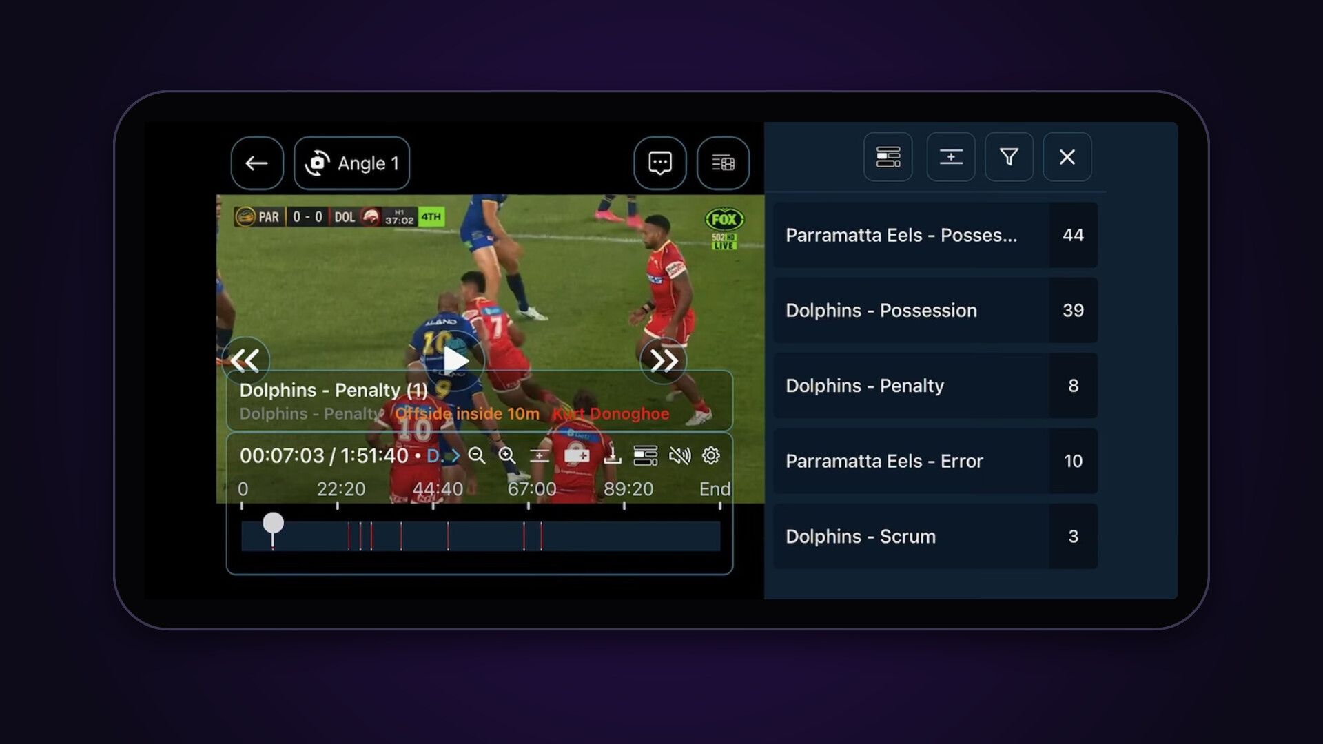 The Amplify app on a phone, with the match playing, its timeline and a list of rows with their clip counts.