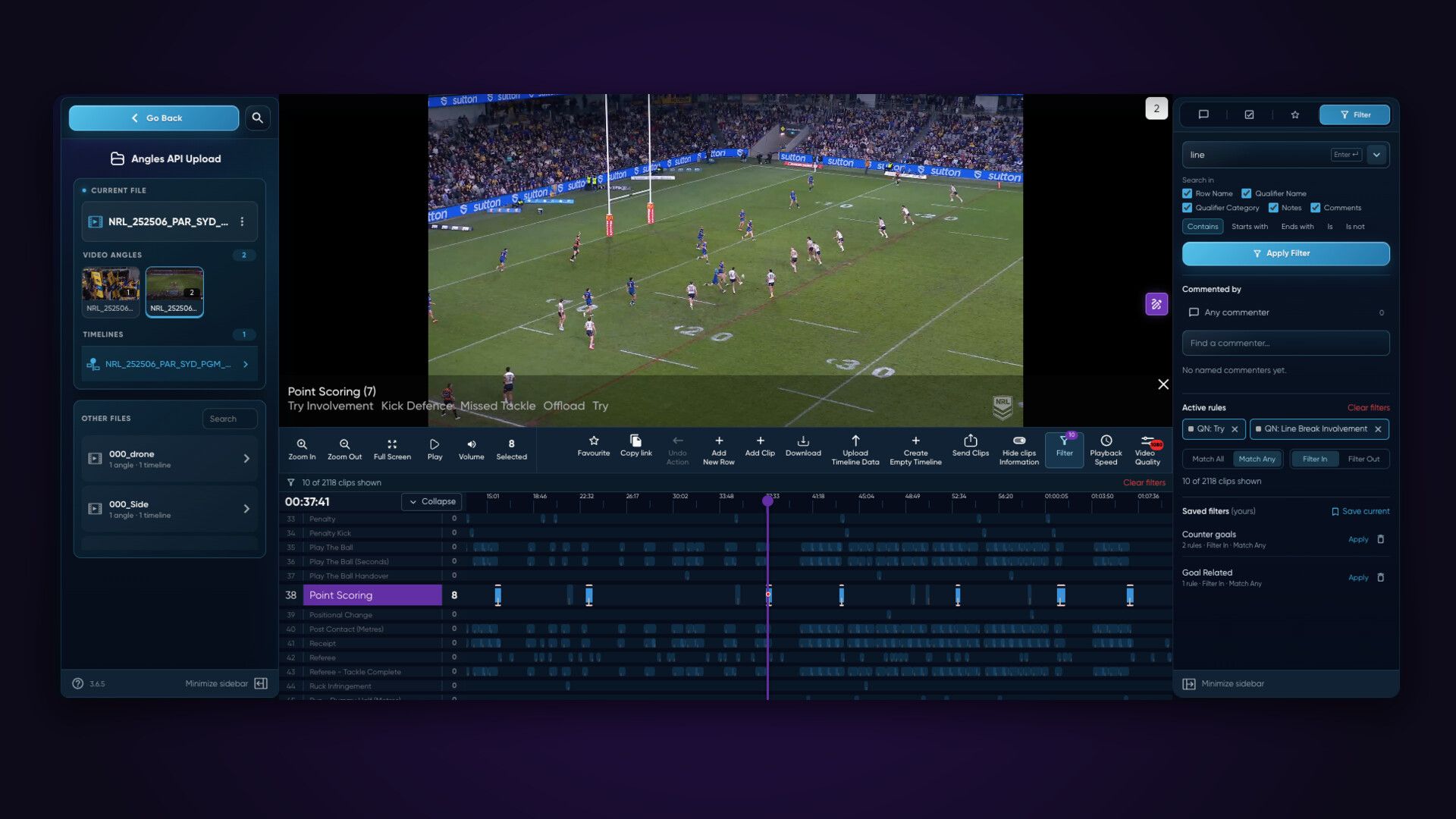 Amplify on the web, with a rugby league match, two video angles, the coded timeline below and the filter panel open.