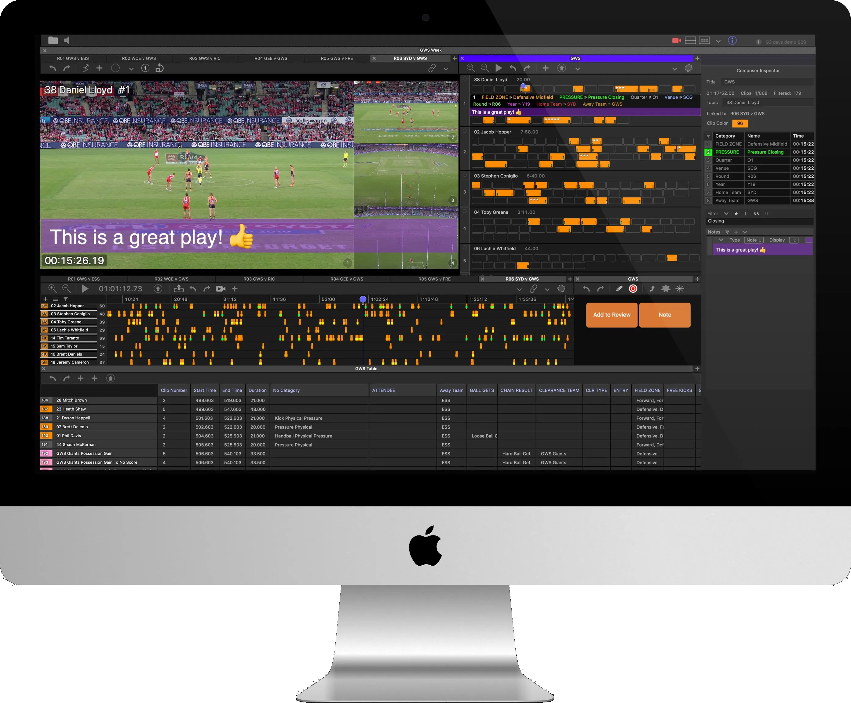 Angles on an iMac with an AFL match open in Super Tabs; the multi-angle player with a telestrated note, a Composer, the coding timeline, and the event table.