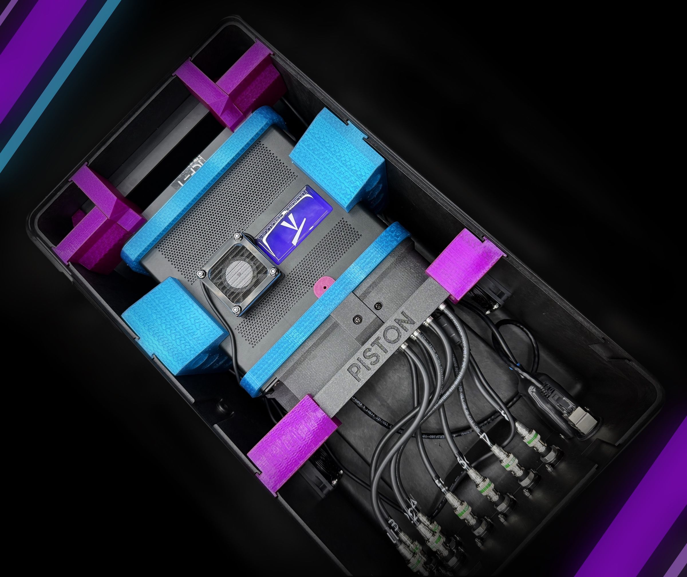 A custom Piston capture server in its travel case, with eight numbered SDI camera inputs and a network port wired to the front panel.