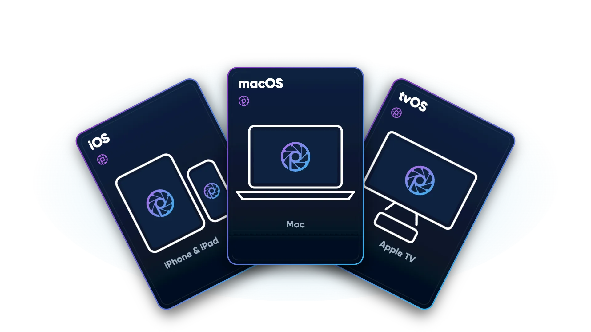 Three cards fanned out like a hand of cards, one each for the Piston apps on iOS (iPhone and iPad), macOS (Mac) and tvOS (Apple TV).
