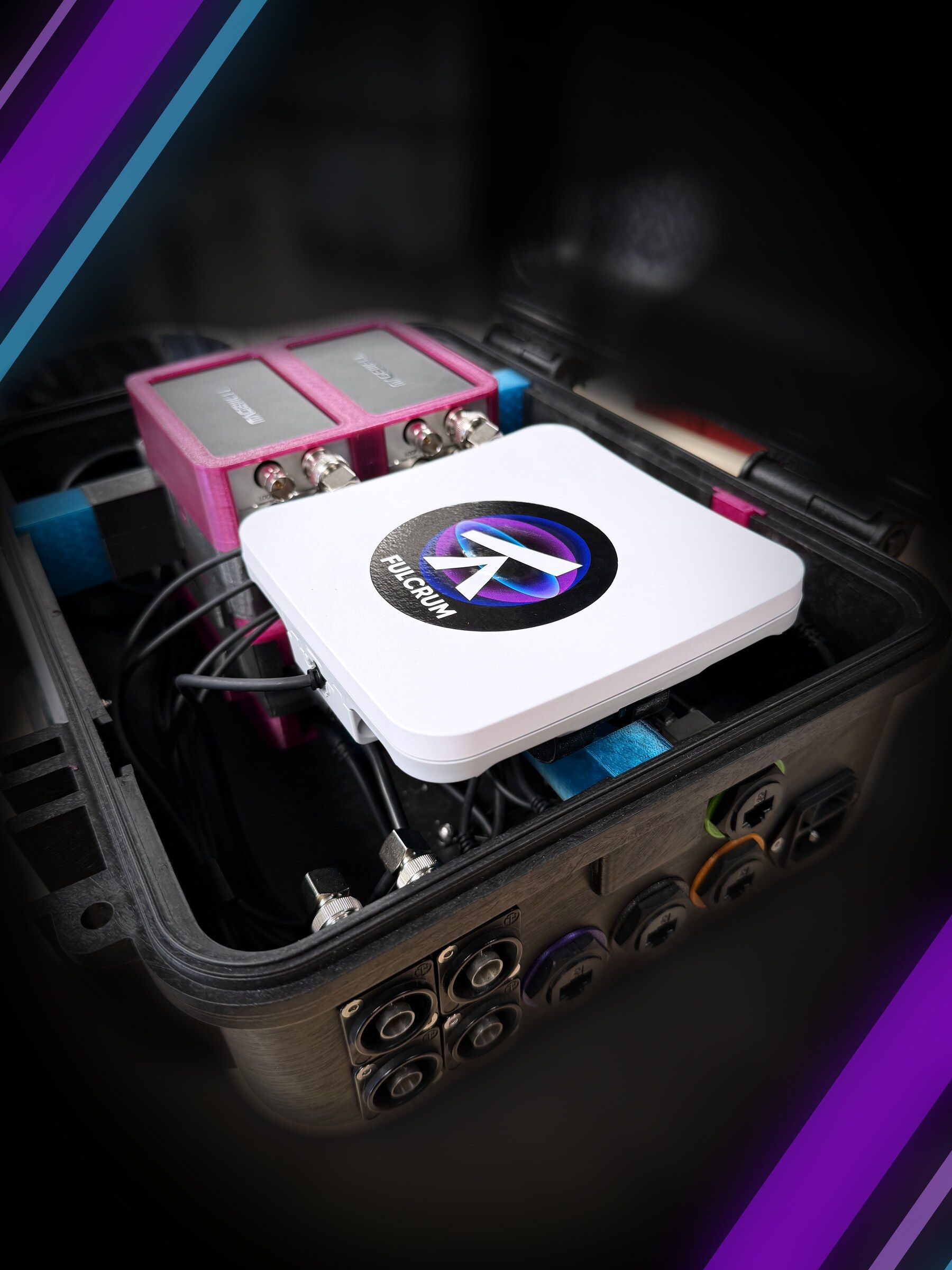 A portable Piston system in its rugged case, with the Piston server, two SDI capture units, and panel connectors for cameras, network and power.