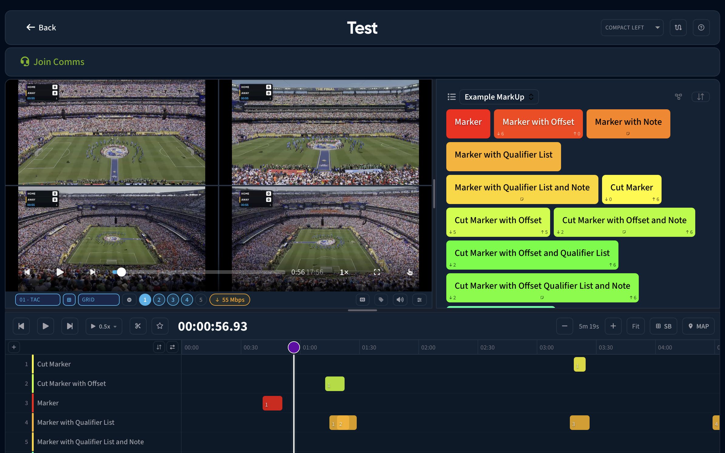 The Piston Analyse page, with four stadium angles in a grid, a panel of coloured MarkUp buttons, and a timeline of coded events below.