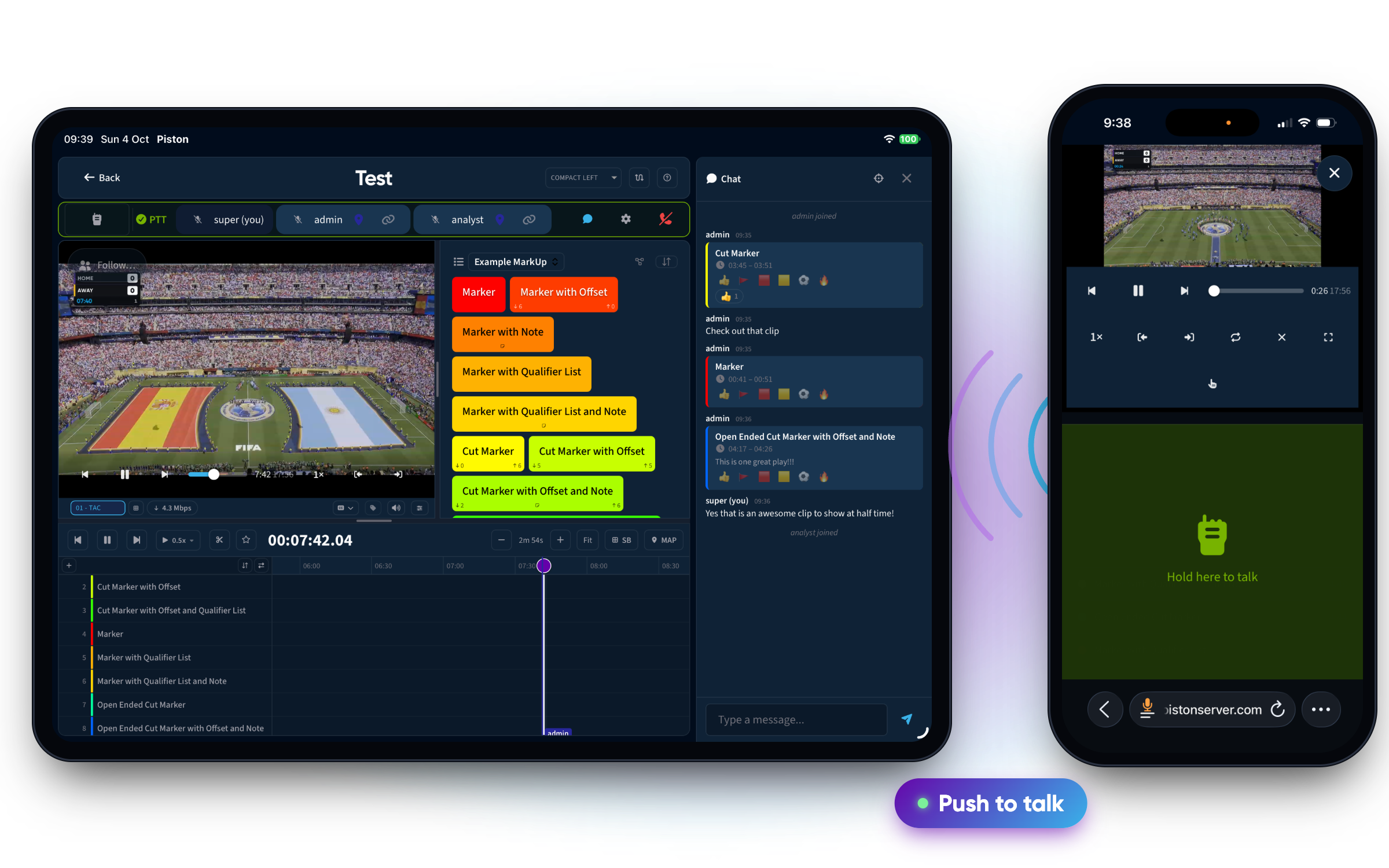 An iPad showing the Analyse page with the comms bar and team chat open, beside an iPhone showing the full-screen push-to-talk button, with sound waves passing between them.
