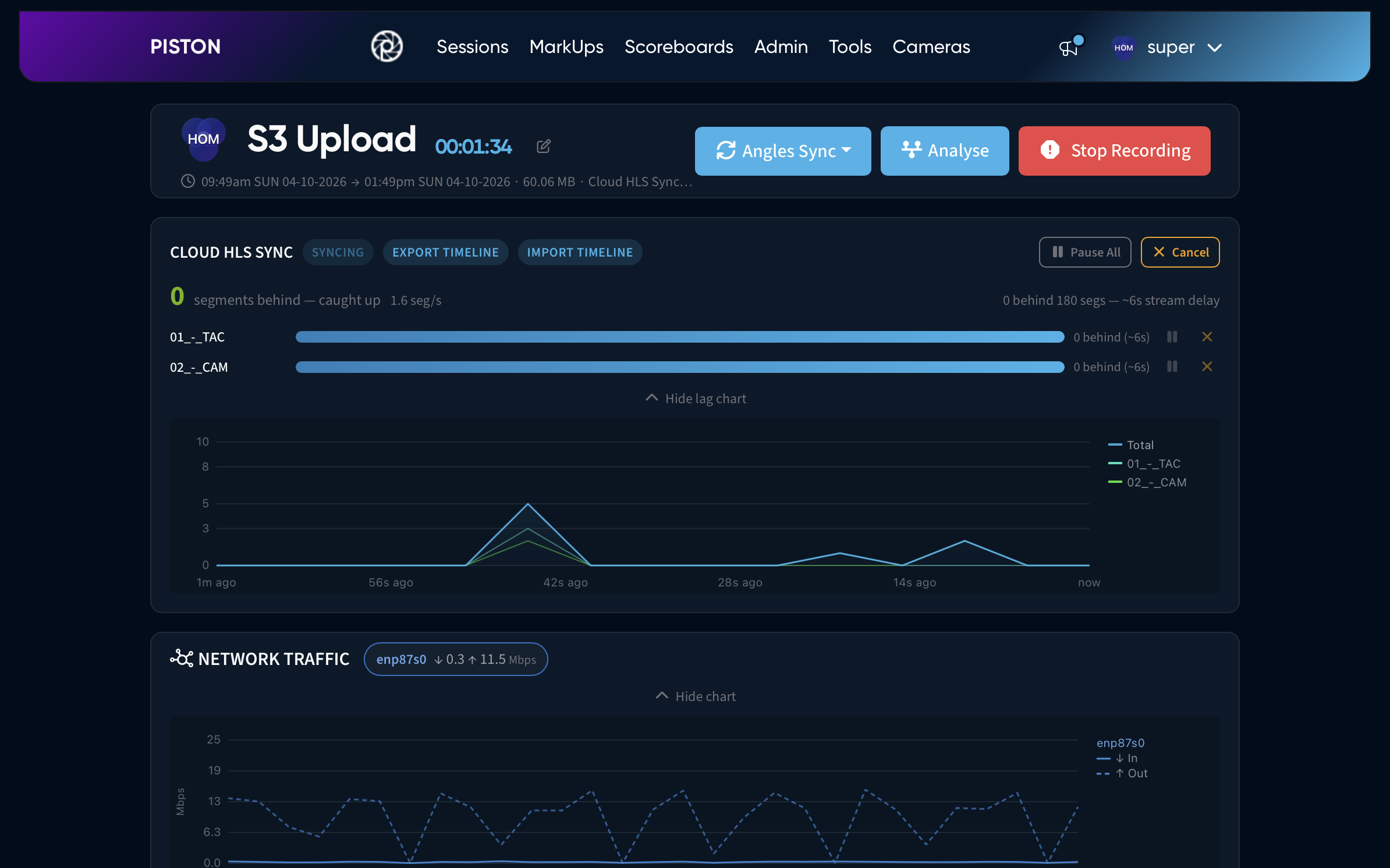A Piston session page during recording, with Cloud HLS Sync caught up for two angles, a sync lag chart, and the network traffic chart below.