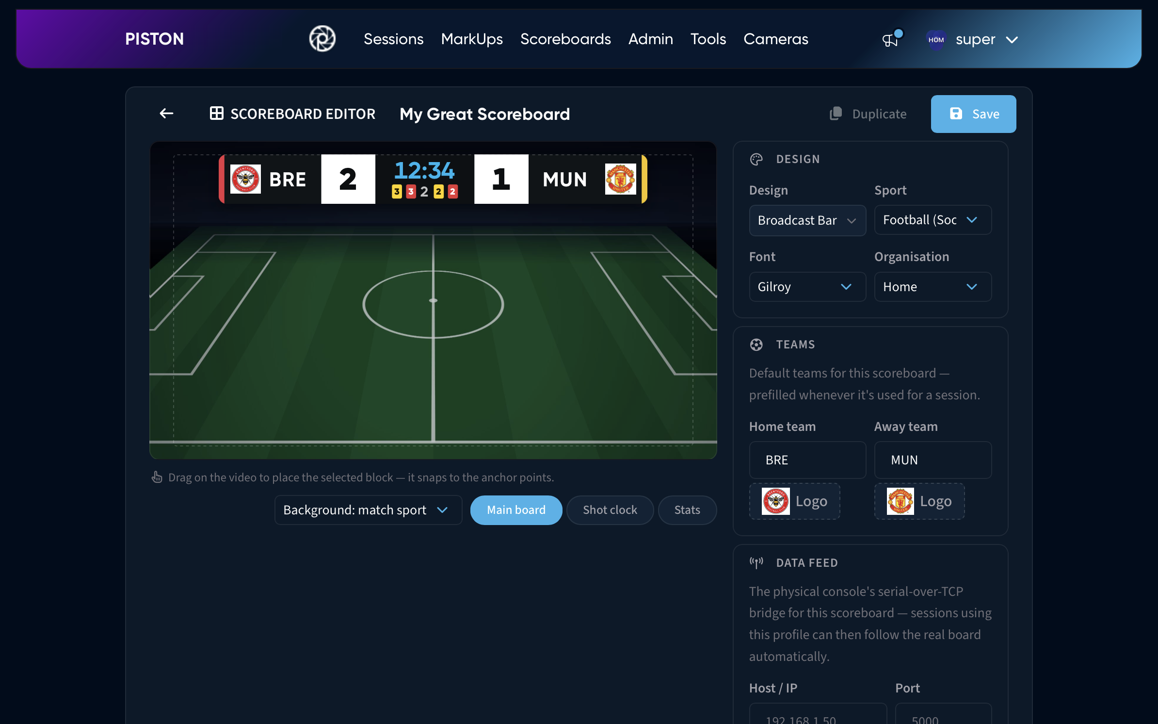 The Piston scoreboard editor, with a broadcast-style score bar placed over a football pitch, and settings for design, teams and the venue's scoreboard data feed.